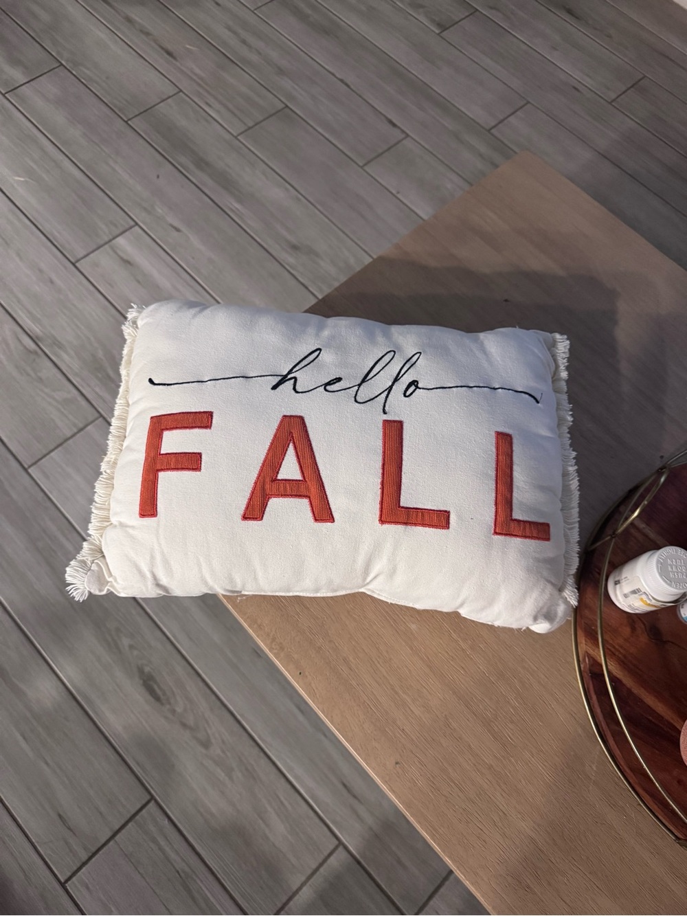 Hello Fall Embroidered Accent Pillow - White with Rust Letters